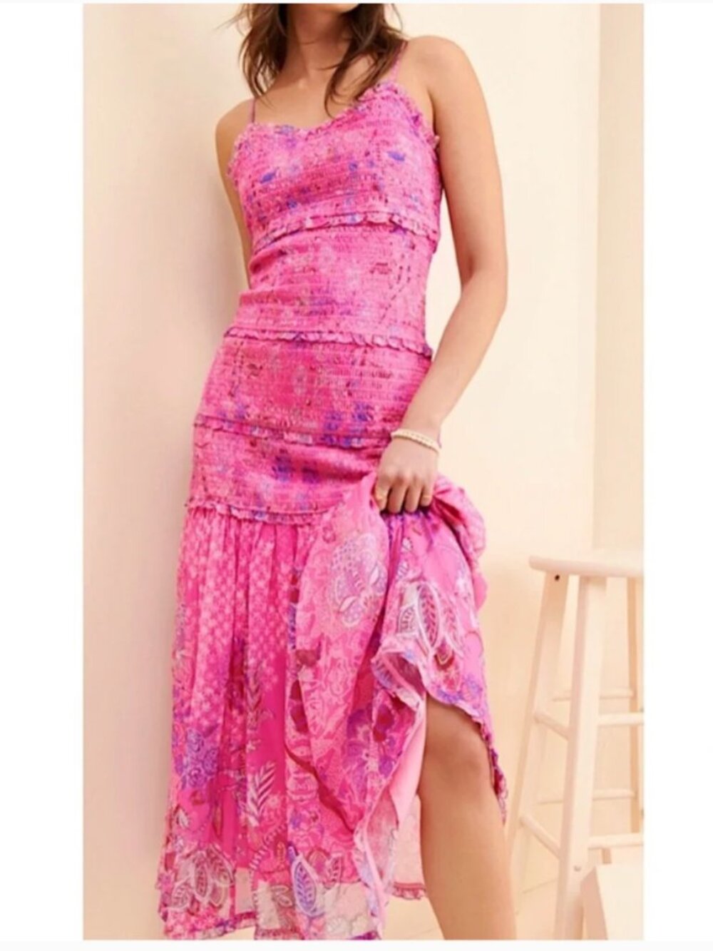 Anthropologie Hemant & Nandita Isha Midi Pink Smocked Dress size M